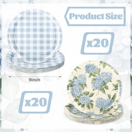 Whaline 40Pcs Hydrangea Plaid Paper Plate Blue And White Floral Disposable Dinner Plate Flower Checkered Tableware For Spring Party Supplies Table Decor, 9 In