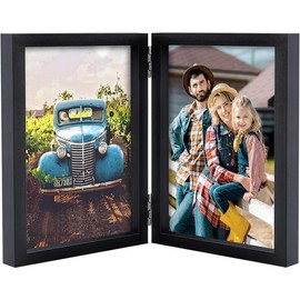 5x7 Picture Frames Double Hinged Wood Folding Photo Frames Vertical with Real Glass Front, Black - Color: Wood Grain, Size: 5x7 in