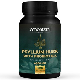 Ambrosial Psyllium Husk Capsules - 4000 MG with Probiotics: Detoxify and Revitalize Your Digestive System with Natural Fiber Support - 120 Vegan Capsules