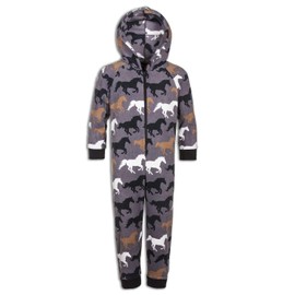 Camille Childrens Super Soft Fleece Onesie - Hooded All In One - Long Sleeved and Full Length with Elasticated Cuffs and Ankles Grey Horse Print 15-16 Years
