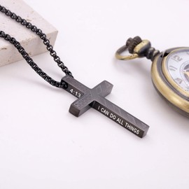 Kvekstio Cross Gift - Black American Flag Cross Pendant Necklace for Teen Son Grandson, Men's Bible Verse Gifts, First Communion Baptism Gift, Graduation Scriptures Faith Necklace for Him