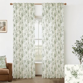 Olive Green Curtains for Dining Room,Pattern European Floral Linen Toile Dark Moody Sheer Pleat French Country Curtains for Living Room Bedroom 84 Inch Length 2 Panels Set