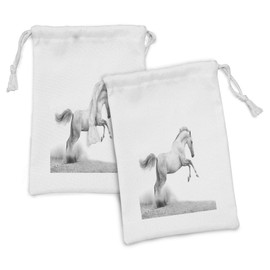 Lunarable Horses Fabric Pouch Set of 2, Horse Power on the Sand Tropic Gulf Island National Seashore Florida Plants Landscape Art, Small Drawstring Bag for Toiletries Masks and Favors, 9" x 6", Grey