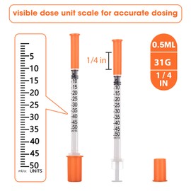 100Pack Lab Dispensing U-100-31 Ga, 0.5cc/mL Jeringas with 1/4" (6mm) Cap