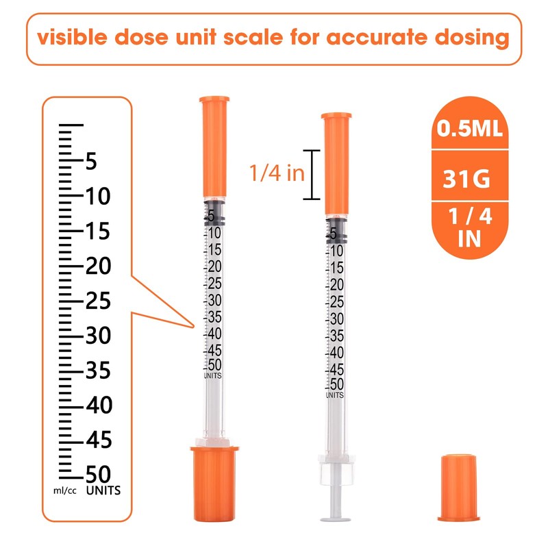 100Pack Lab Dispensing U-100-31 Ga, 0.5cc/mL Jeringas with 1/4" (6mm)