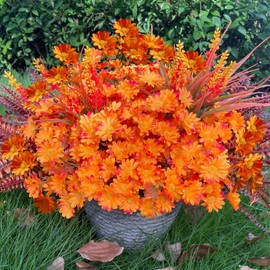 KAFDY Artificial Fake Fall Mums Flowers Plants for Outdoor Outside, 12 Bundles Faux Silk Realistic Orange Potted Chrysanthemums UV Resistant for Autumn Porch Planters Pots Urn Patio