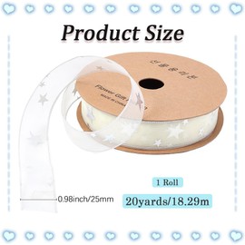 CABODYALS 20 Yards 1 Inch White Star Ribbon Silver Stars Print Organza Sheer Transparent Chiffon Silk Sparkly Ribbons Bulk with Spool for Sewing Making Crafts Gift Wrapping Bouquets Home Decor Supply