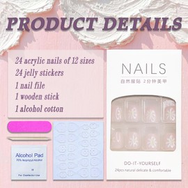 Extra Short Press on Nails Square Fake Nails SWEKKE Full Cover Nude False Nails with White Floral Designs Glossy Glue on Nails Petite Acrylic Nails Manicure Artificial Nails for Women Girls 24Pcs
