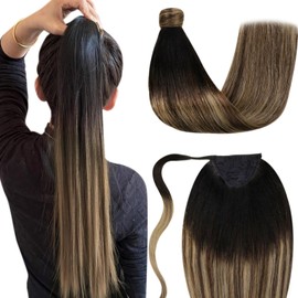 LaaVoo Real Hair Ponytail Extensions, Ombre Brown Hair Braid Extensions, Real Hair, Black Ombre Brown Balayage Caramel Blonde Ponytail Hairpiece, Natural 45 cm, #1b/4/27, 80 g