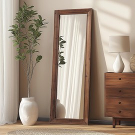 Rustic Farmhouse Full Length Mirror 64"X21" Wood Frame Floor Mirror with Stand, Free Standing Mirror Leaning or Hanging Full Body Mirror Tempered Glass Long Mirror for Bedroom Living Room, Brown
