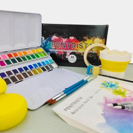 PENTRISTA Watercolor Paint Set, 48 Premium Colors,Artist Grade, Includes 2 Artist Brushes,20 sheet Water color Paper Pad,2 Water Pen, Perfect Travel Watercolor Set for Artists and Painting Lovers