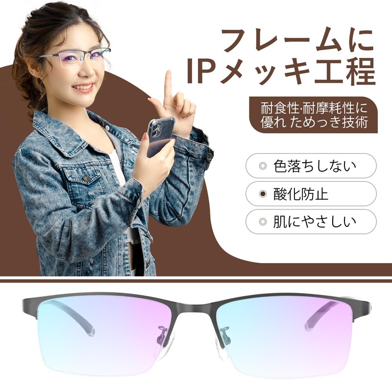 [AMMGLSS] 遠中近三用メガネ ブルーライトカット ユニセックスのハーフリム型メガネ 樹脂製レンズ チタン合金 メンズ レディース グレー 度数+1.5