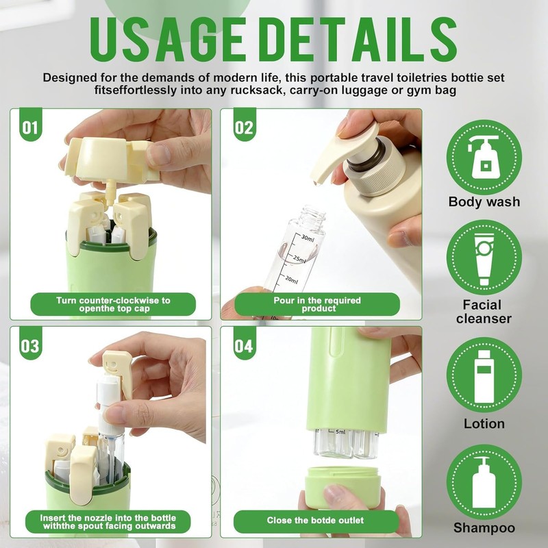 Leak Proof Travel Bottles 4 Pack 30ML, Refillable Toiletry Containers