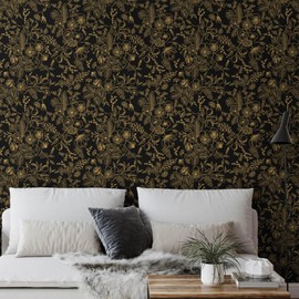 Ismoon Peel and Stick Wallpaper Black and Gold Wallpaper Floral Contact Paper Vintage Peel and Stick Wallpaper Leaf Removable Wallpaper Self-Adhesive for Cabinet Shelf Drawer Liner 16.1inx197in