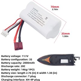 Accessories 2PCS 11.1V 2000mAh T Plug Lithium Battery for R608 2104 Brushless High Speed Water Cooling RC Speedboat Electric RC Boat Model Tumbler Toy Boat Battery