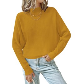 ZESICA Women's Fall 2025 Turtleneck Batwing Long Sleeve Ribbed Knit Casual Soft Pullover Sweater Jumper Top,Mustard,Small