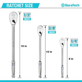 DURATECH 3-Piece Extra Long Drive Ratchet Handle, 1/4", 3/8", 1/2" 90-Tooth Ratchet Wrench with Dust Proof Teardrop Enclosed Head, Reversible, CR-V Steel Made, CR-MO Head, Full Polished, Gifts for Men