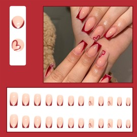 LBPEPAMZ Valentine's Day Press on Nails Medium Square Fake Nails Red French Tip Glue on Nails with Heart Designs Cute Pink Nude Full Cover Acrylic Nails False Nails for Women Girlfriend Gift 24Pcs
