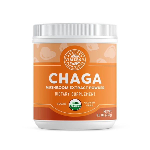 Vimergy USDA Organic Wild Chaga Mushroom Extract Powder, 166 Servings – Ideal in Chaga Tea, Coffee, Smoothies – Cardiovascular Support - Kosher, Vegan, No Gluten, Paleo - Pure Chaga, No Fillers (250g)