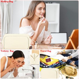 Fammart Travel Makeup Bag, Wide-open Cosmetic Bag Make Up Organizer Case with Brushes Pocket for Women, Large Family Toiletry Bag Skincare Pouch for Toiletries Accessories, Beige