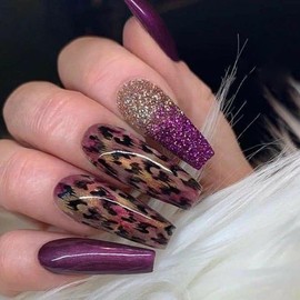 24 PCS Glitter Leopard Fake Nails,Press on Nails Gradient Color Fake Nails Long Fake Nails Gifts for Women and Girls,Purple False Nails