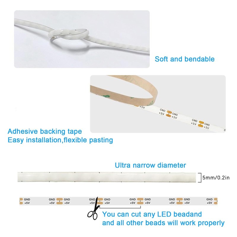 Smart Ultra-Thin 0.2in/5mm Bar Light, 5V USB Powered LED Light