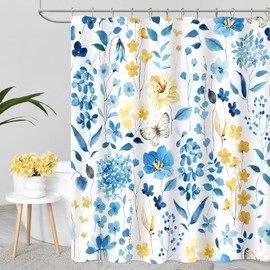MAYZUS Blue Yellow Floral Shower Curtain, Cute Flower Fabric Shower Curtains for Bathroom, Watercolor Wildflower Butterfly Cloth Shower Curtain Set with Hooks, 72x72