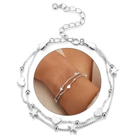 CASSIECA Silver Bracelet for Women Ladies Friendship Bracelet for Girls Layered Dainty Bead Star Heart Charm Bracelets Sterling Silver Women's Jewellery Gifts for Women