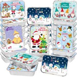 Christmas Aluminum Food Containers 36 Pcs Leftover Containers with Lids Disposable Watercolor Christmas To Go Containers Winter Holiday Party Supply