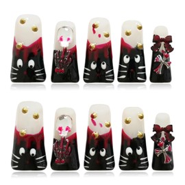 Tesytto Gothic Punk Press on Nails with Hand-Painted Black Cat Design, Gold Spike Studs, Blood Drop - Long Duck Fake Nails Glossy High French Nails Tips for Y2k Edgy Style (Hand-Painted Cat, M)