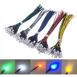 Vrabocry 100 pieces 5 mm LEDs with 20 cm cable, DC 12 V pre-wired light, pre-wired LED diodes light (red, yellow, green, white, blue) wired LED with resistance for light project, 20 x 5 colours