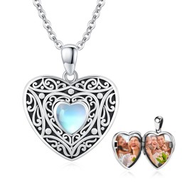 Locket Chain 925 Sterling Silver Personalised Photo Pendant Photo Moonstone Locket Amulet for Opening Pictures Medallion with Photo Moonstone Jewellery for Women Girls Mother Son Gifts, Sterling