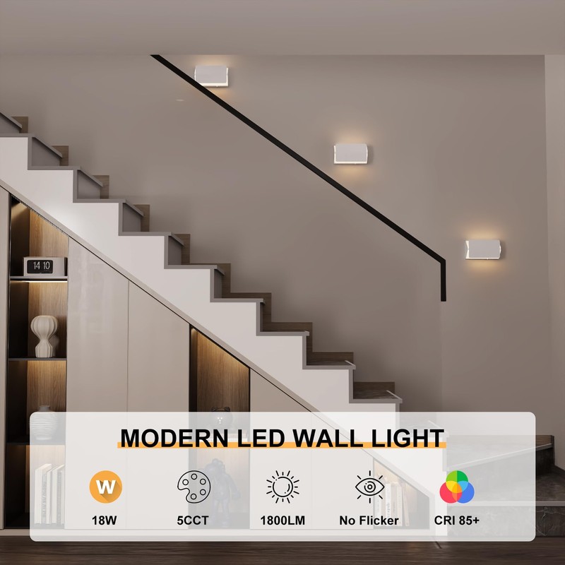 Aoceley Indoor Modern Led Aluminum Wall Sconces,18W 5CCT 3000K-6000K Dimmable