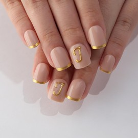 evpct Initial Letter French Tips Press On Nails Short Square for Women Gift, Nude + Gold Tip, Glossy Soft Gel Press Glue On Nail with Nail Glue, 3D Design Full Cover Reusable Acrylic Fake Nails Kit, J