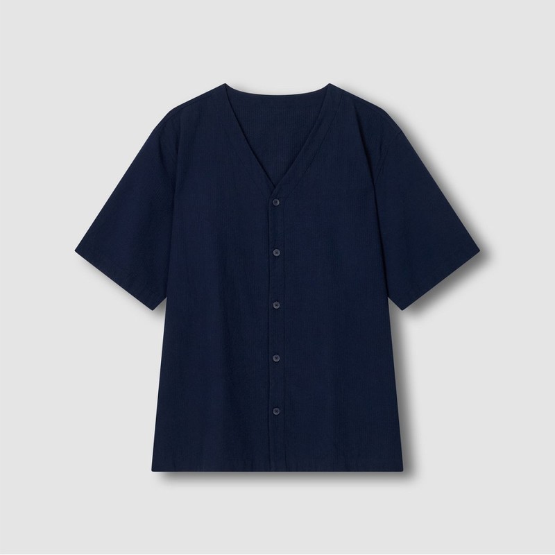 JAJU [JAJU] Men's Seersucker V-neck 5/10 sleeve Pajama Set_Navy