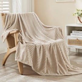 EMME Soft Fleece Beige Throw Blanket for Couch Luxury Flannel for Bed Sofa Chair, Plush, Warm and Cozy Blanket with Geometric Grid Design (Beige, 50'' x 60'')