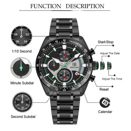 BY BENYAR Classic Watches for Men,Stainless Steel Military Wrist Watches with Calendar,Waterproof and Scratch Resistant, Luminous Analog Multifunction Chronograph Quartz Mens Watches（Green）