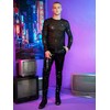 WDIRARA Men's Rhinestone Trim Mesh Sheer Long Sleeve Round Neck
