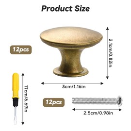 ZHITENG Pack of 12 Vintage Cabinet Handles and a Screwdriver, Furniture Handles, Yellow Bronze Cabinet Knobs, Round, Knob for Cupboard, Zinc Alloy for Drawer, Kitchen, Bathroom, Chest of Drawers