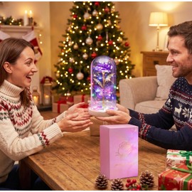 Purple Galaxy Rose in Clear Dome with Butterfly and LED Lights, Eternal Flower for Birthday Anniversary Wedding Valentines for Women Wife Girlfriend Mom Sister