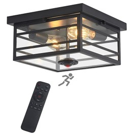 Upgraded Outdoor Ceiling Lights with Motion Sensor and Remote, Flush Mount Ceiling Light Fixture with 4 Lighting Modes, Squares Black with Clear Glass for Porch Patio Entryway Garage Farmhouse