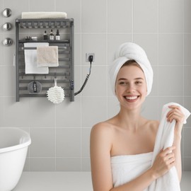 KIPPDURO Wall Mounted Heated Towel Warmer Rack for Bathroom, Matching 8-Grid Electric Towel Warmer and 5 Hooks Auto Shut-Off Timer, LED Display Panel, Carbon Fiber Heating Ldeal for The Bathroom