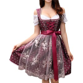 Clearlove Dirndl Women's Midi Costume Dress 3-Piece Including Dirndl Dress Dirndl Apron Dirndl Blouse for Oktoberfest, red