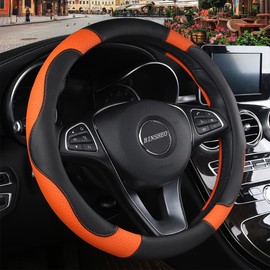 Binsheo Leather Steering Wheel Cover, Breathable, Anti Slip & Odor Free, Black and Orange