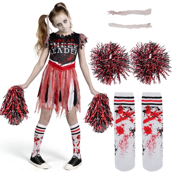 Spooktacular Creations Zombie Halloween Cheerleader Costume, Girls Scary Cheerless Costume,