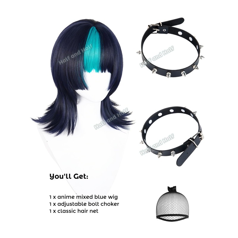 Blue Black and Peacock Blue Anime Cosplay Wig with Bangs