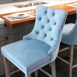 Bar Chairs Set of 2, Velvet Upholstered Bar Stools with Button Tufted Decoration, Chrome Nailhead Trim and Wooden Legs, Leisure Style Bar Chairs, Seat Height 27.2" (Light Blue)