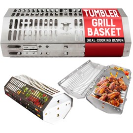 KANKA Stainless Steel Open Fire Tumbler – BBQ Basket for Grilling Veggies, Wings & More - Use closed or split into 2 baskets - Includes separator - Works with all KANKA Grills & Accessories