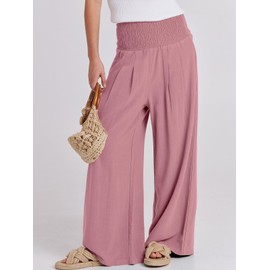 ANRABESS Women Linen Palazzo Pants Summer Boho Wide Leg High Waist Casual Lounge Pant 2025 Beach Travel Vacation Outfits Pink Medium