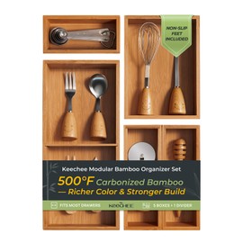 keechee 5-Piece Bamboo Drawer Organizer Set, 2.2" Deep Multi-Use Organizers for Utensils, Silverware, Cutlery, Desk, Bathroom, Junk Drawer & Makeup, Non-Slip Feet Included.
